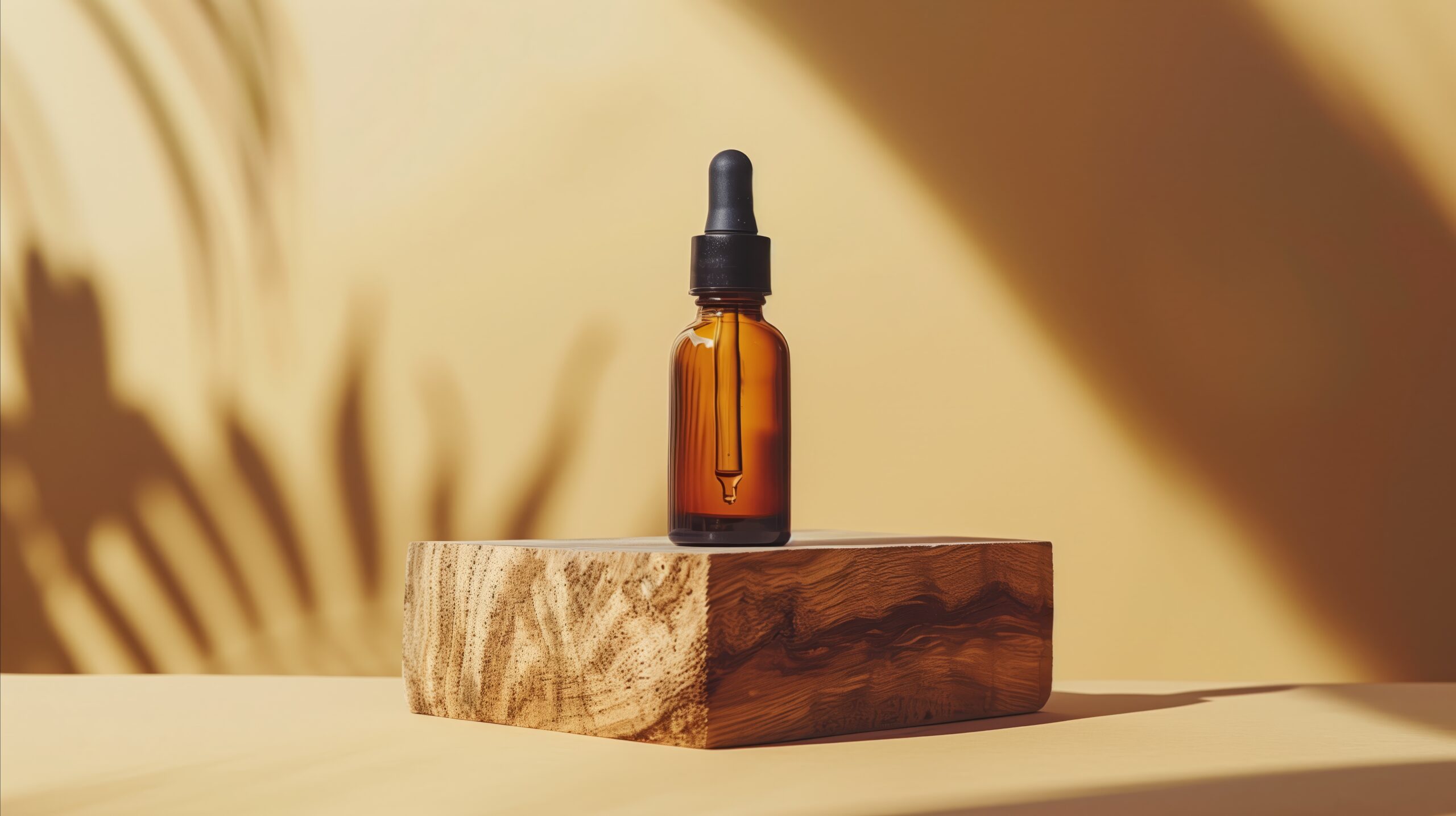 amber dropper bottle with shadow on neutral background